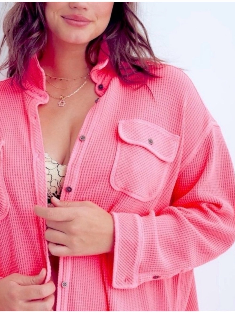 Aerie Sz S Lumber Jane Oversized Vibrant Pink Waffle Knit Layer Button Up Shirt